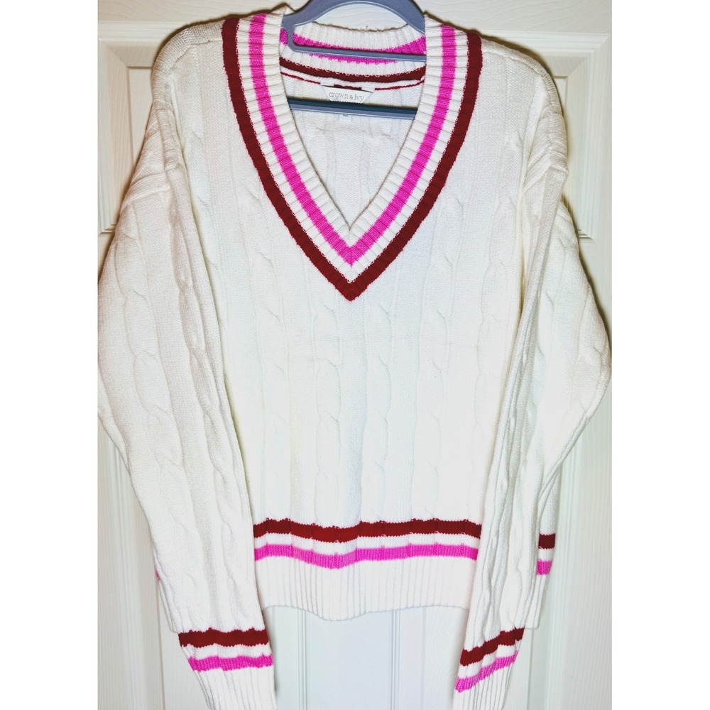Crown & Ivy Women's Large Heavy V - Neck White Sweater with Pink & Red Trim